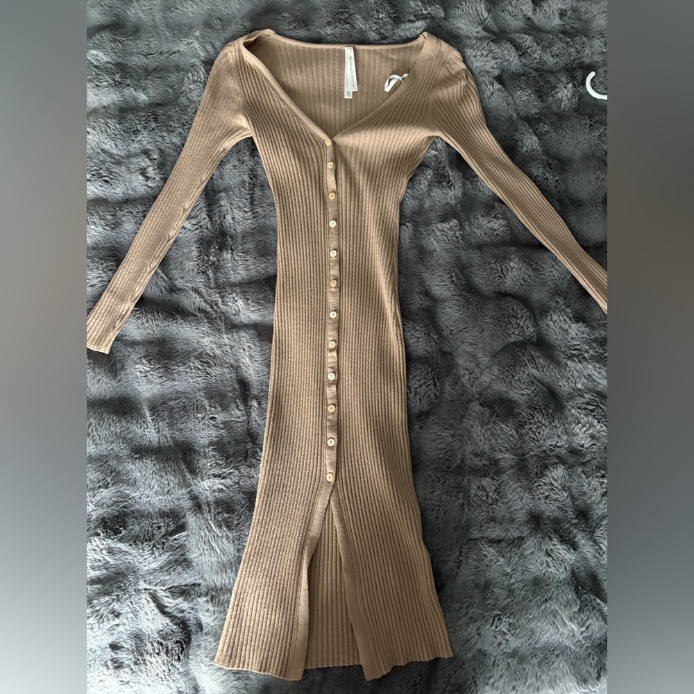 Babaton Tan Long Sleeve Ribbed Dress